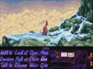 Up on top of the dragon cave, Simon goes fishing. He finds what he's after and the scenery is certainly evocative - purple sky and pink clouds - but the green of the base palette is here, too.