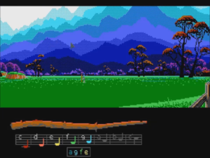 There are lots of gentle vistas in the first half of Loom. Here is one such, with a view of mountains in the background and grass in the foreground. It is a very striking piece of computer art.