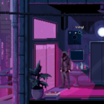 a perfectly cyberpunk night made up of purples and whites and blues.  you're in an apartment, possibly looking for something.