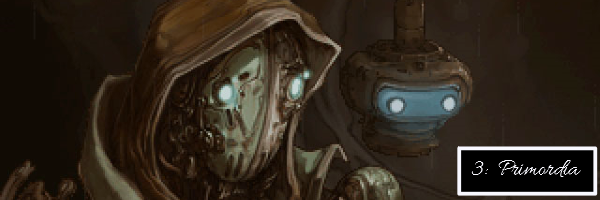 A simple image depicting the protagonists of Primordia:  Horatio and Crispin.  Both sort of mysterious and glowing, since they're robots.  There's also text here to signify that this is number 3 on this list and that the game's name is Primordia