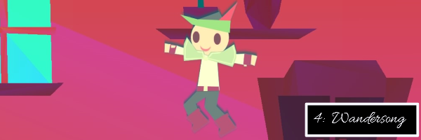 An image showing the Bard from Wandersong as he bounces on a bed in a cranky lady's house.  There is text signifying that this is the 4th game on this list and that it's name is Wandersong.