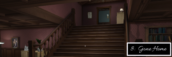 Gone home is an ostensibly spooky game set in a spooky house.  In this image, we see steps upward, some furnishings and a few doors we can explore.  The image also contains text to signify that this is the 8th game on this list and also signifies that this is "Gone Home."